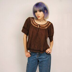 Y2K Peasant Top (S) small brown vintage womens short sleeve boho prairie hippie